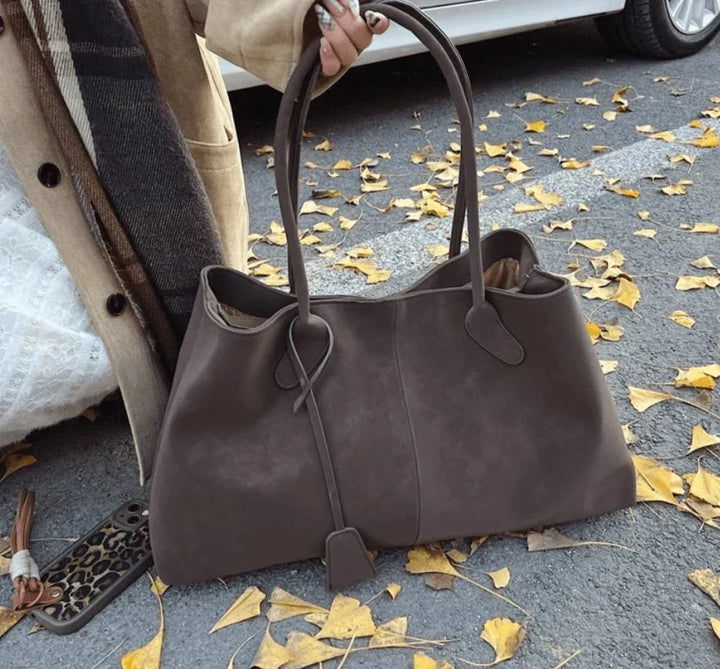Large suede shoulder bag, women's work tote bag with binding detail
