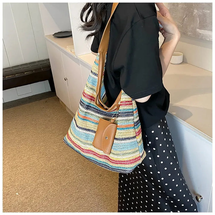 Colorful shoulder bag made of cotton with a practical additional pocket