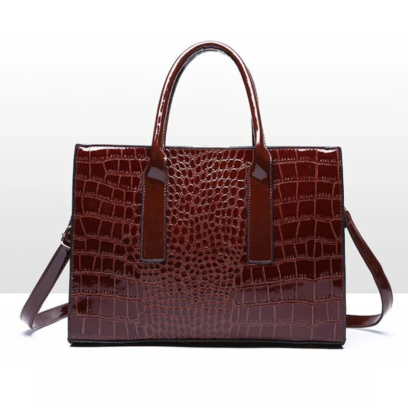 Large Capacity Crocodile Patent Leather Handbag