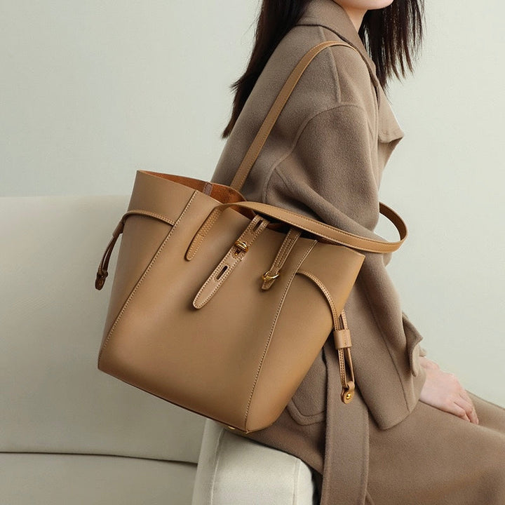 Women's Leather Tote Bag with Vintage Lock Buckle Detail