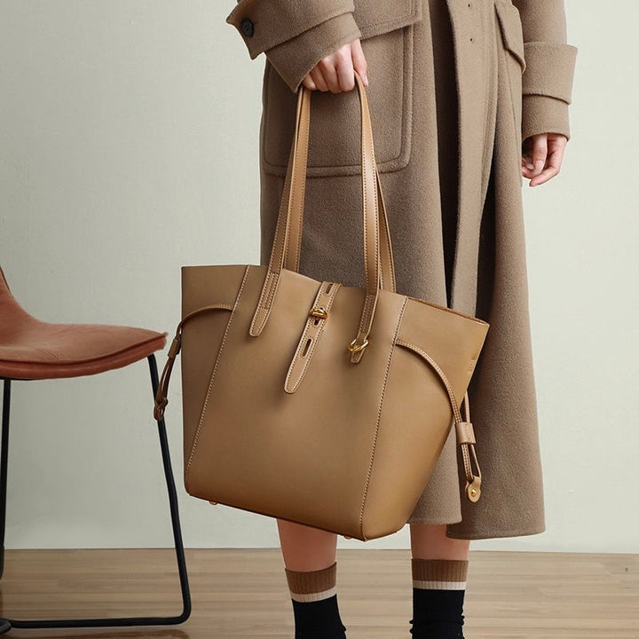 Women's Leather Tote Bag with Vintage Lock Buckle Detail