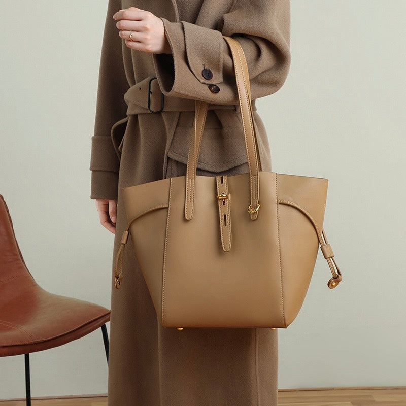 Women's Leather Tote Bag with Vintage Lock Buckle Detail