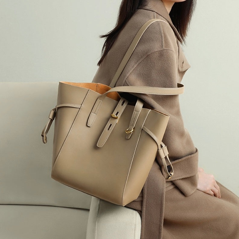 Women's Leather Tote Bag with Vintage Lock Buckle Detail
