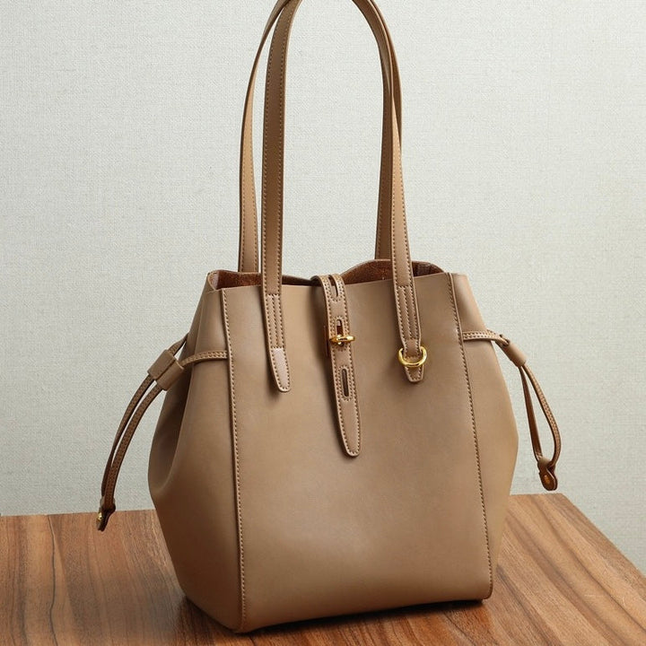 Women's Leather Tote Bag with Vintage Lock Buckle Detail