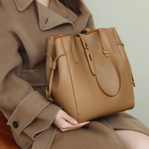 Women's Leather Tote Bag with Vintage Lock Buckle Detail