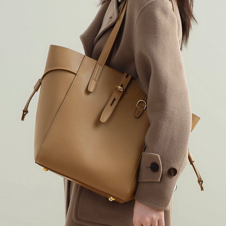 Women's Leather Tote Bag with Vintage Lock Buckle Detail