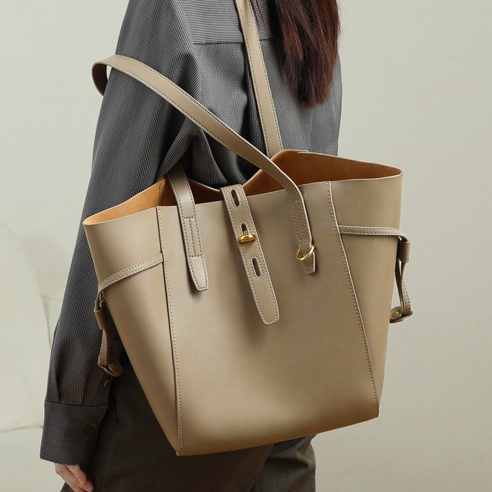 Women's Leather Tote Bag with Vintage Lock Buckle Detail