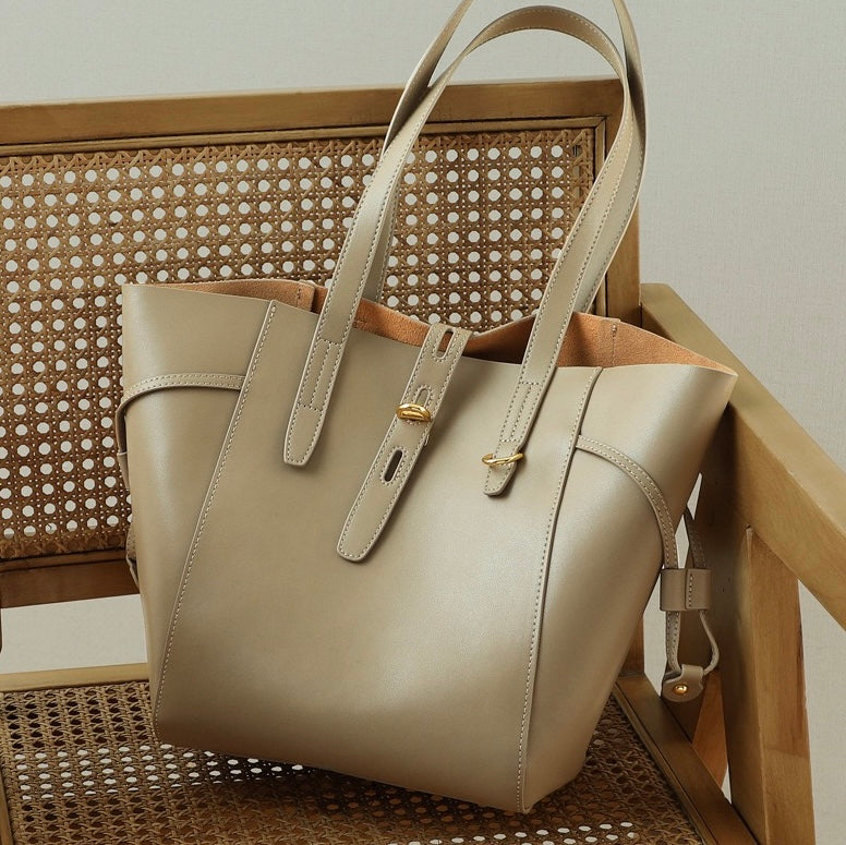 Women's Leather Tote Bag with Vintage Lock Buckle Detail