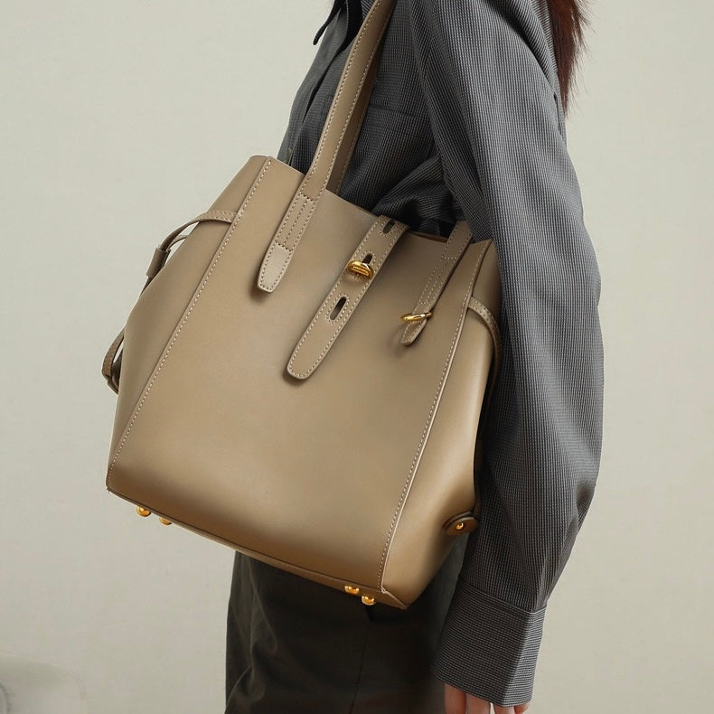 Women's Leather Tote Bag with Vintage Lock Buckle Detail