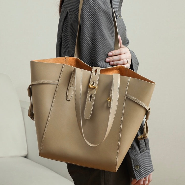 Women's Leather Tote Bag with Vintage Lock Buckle Detail