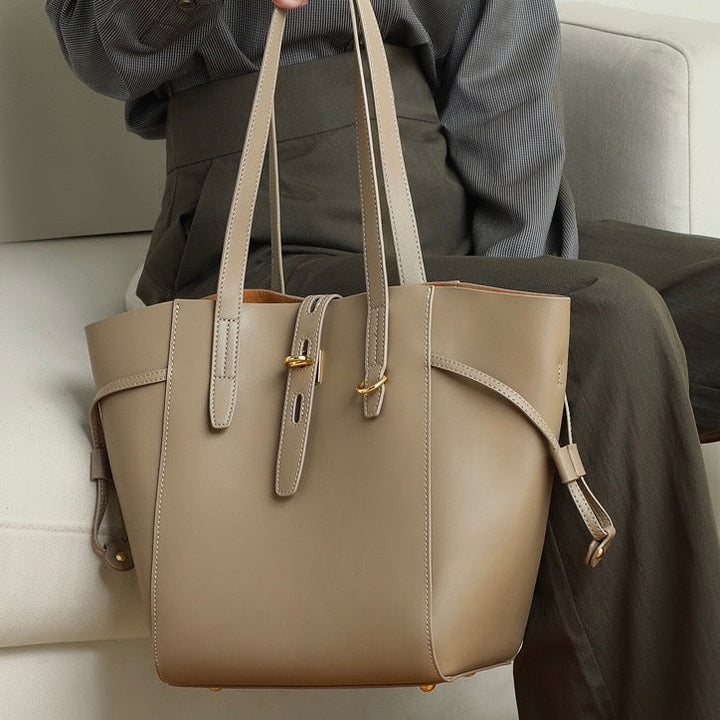 Women's Leather Tote Bag with Vintage Lock Buckle Detail