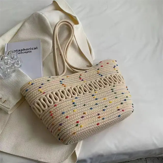Women's shoulder bag with large capacity handcrafted from knit kit fabric and straw