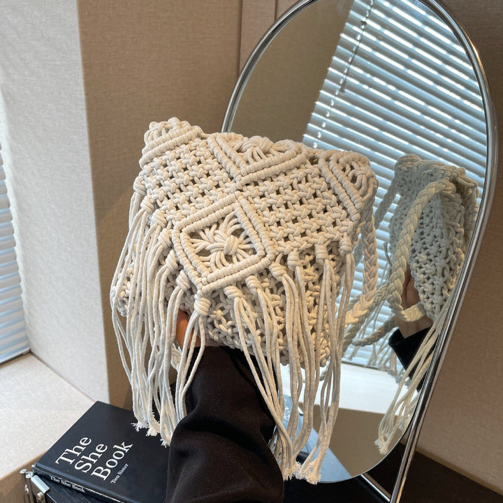 Women's Macrame Shoulder Bag with Decorative Fringes