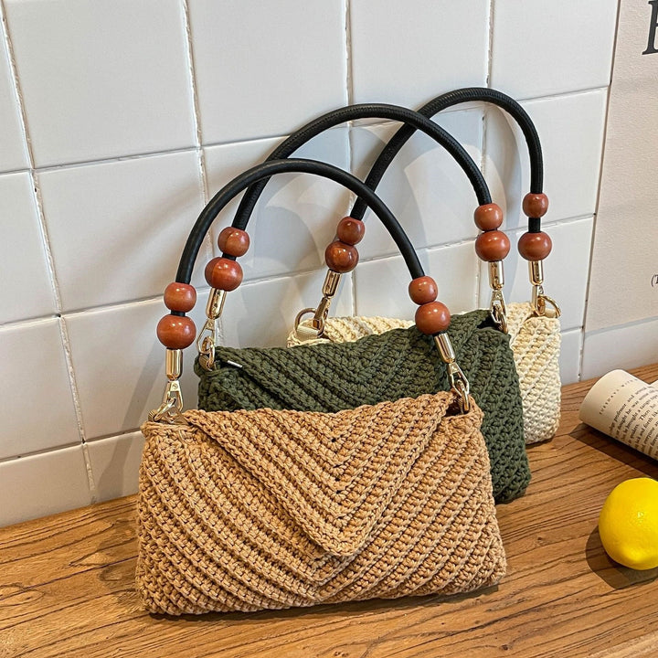 Ladies fashionable braided shoulder bag with wooden handle