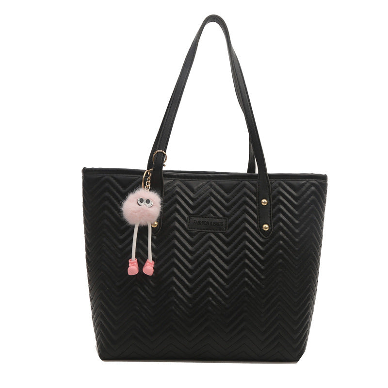 Women Leisure Tote Bag with Textured Wave Pattern and Charming Charm