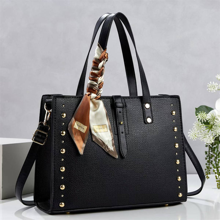 Ladies elegant tote bag with golden studs and fashionable scarf