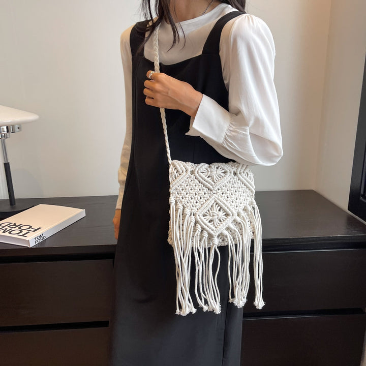 Women's Macrame Shoulder Bag with Decorative Fringes
