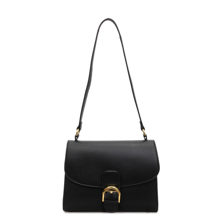 Ladies shoulder bag with elegant flap closure and decorative metal accent
