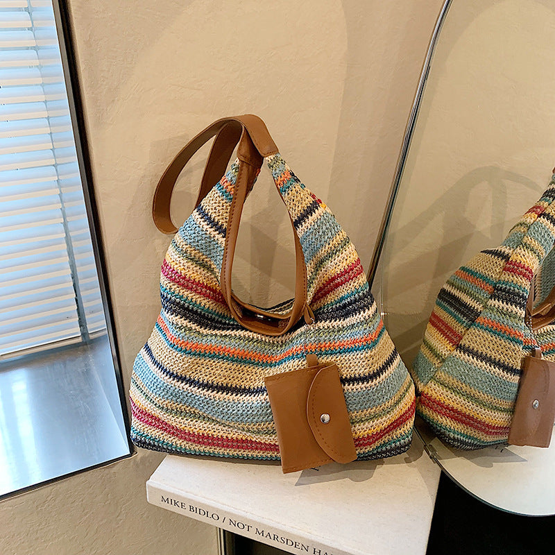 Colorful shoulder bag made of cotton with a practical additional pocket