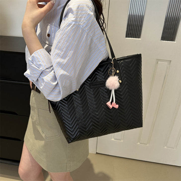 Women Leisure Tote Bag with Textured Wave Pattern and Charming Charm