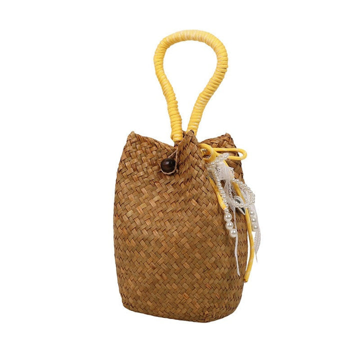 Women's hand-woven shoulder bag with decorative drawstring