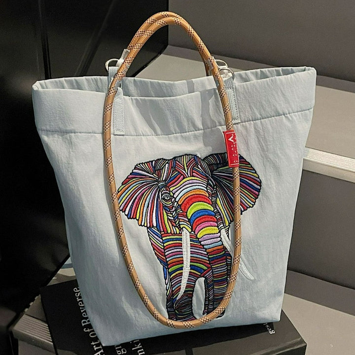 Women's casual tote bag with colorful elephant motif