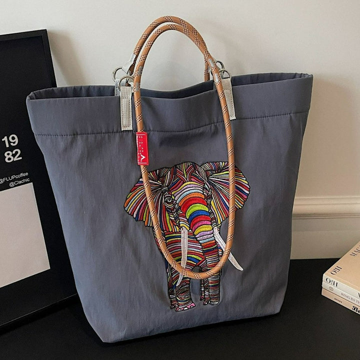 Women's casual tote bag with colorful elephant motif