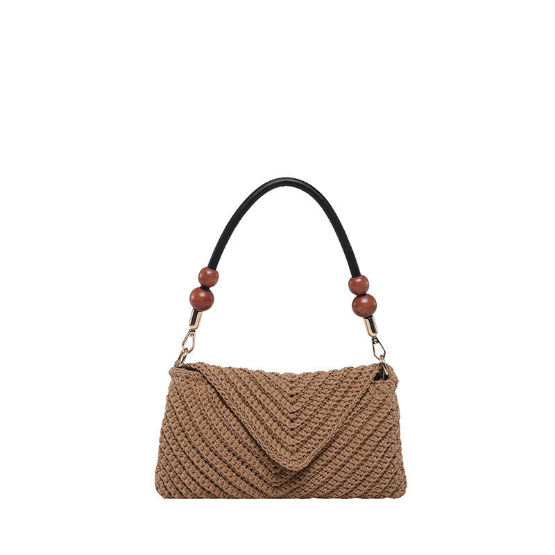 Ladies fashionable braided shoulder bag with wooden handle