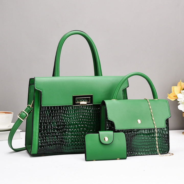 Ladies handbag set with luxurious crocodile leather look and removable clutch