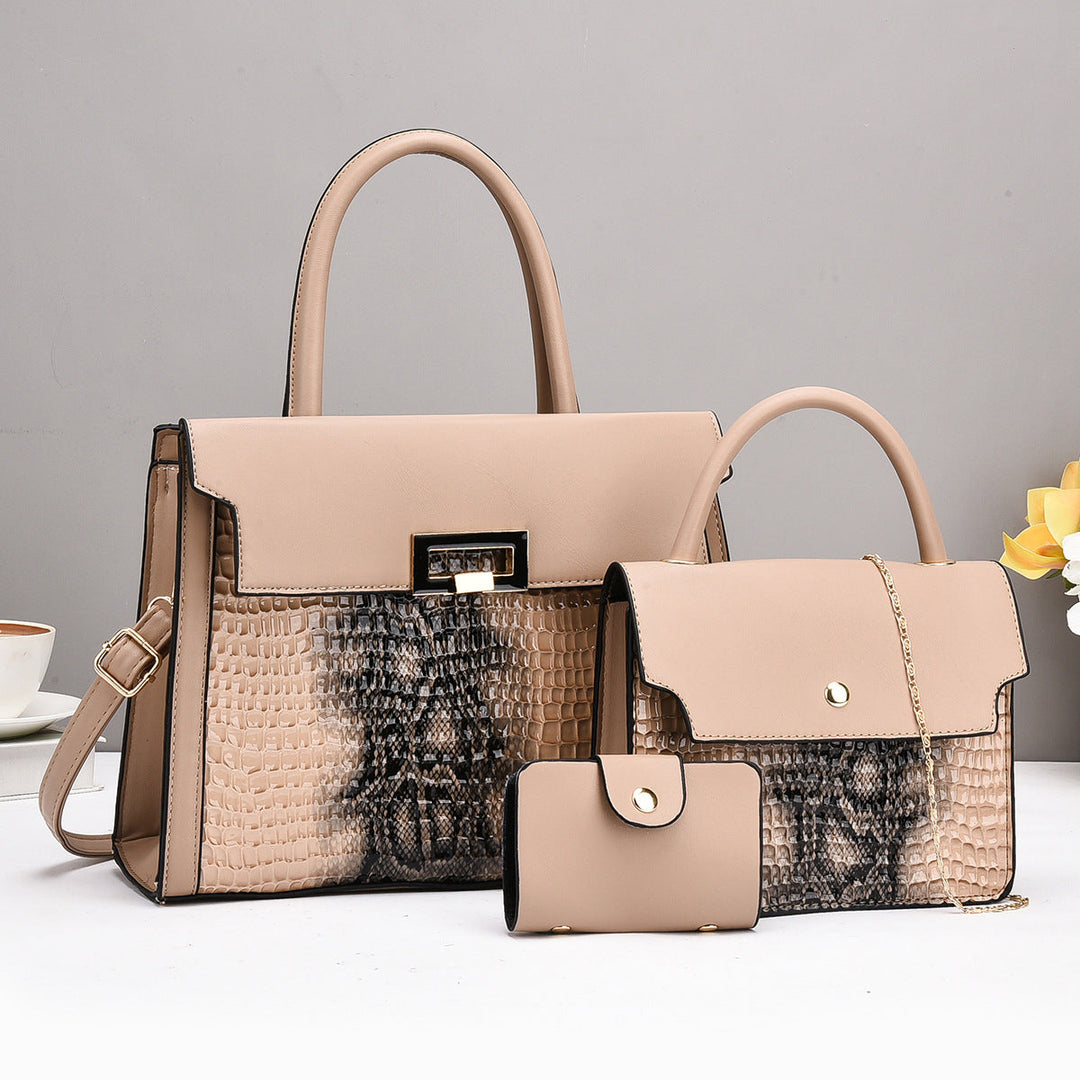 Ladies handbag set with luxurious crocodile leather look and removable clutch