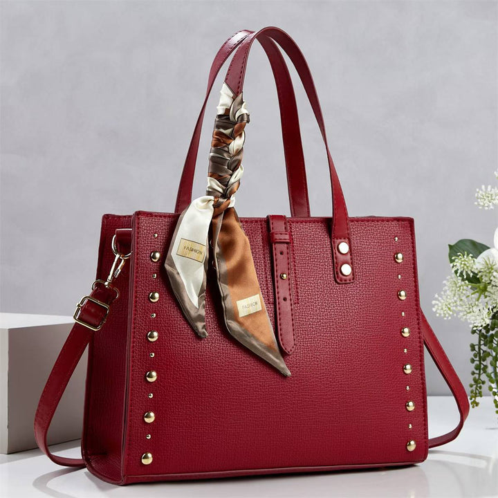 Ladies elegant tote bag with golden studs and fashionable scarf