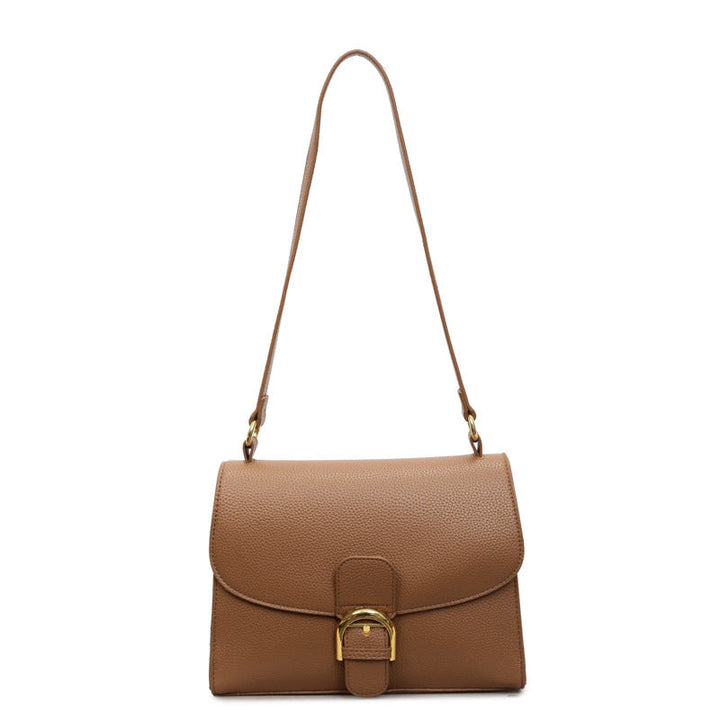 Ladies shoulder bag with elegant flap closure and decorative metal accent