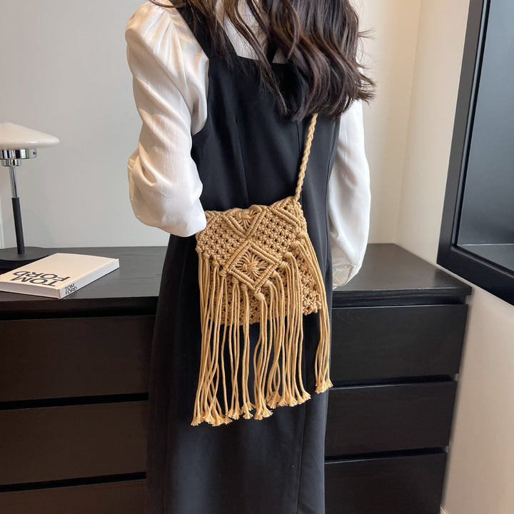 Women's Macrame Shoulder Bag with Decorative Fringes