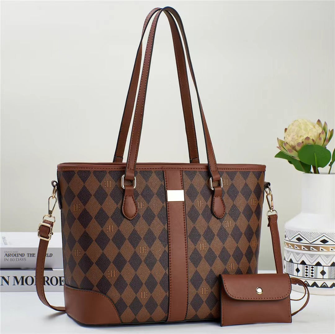 Women practical tote handbag with stylish check pattern and detachable mini clutch