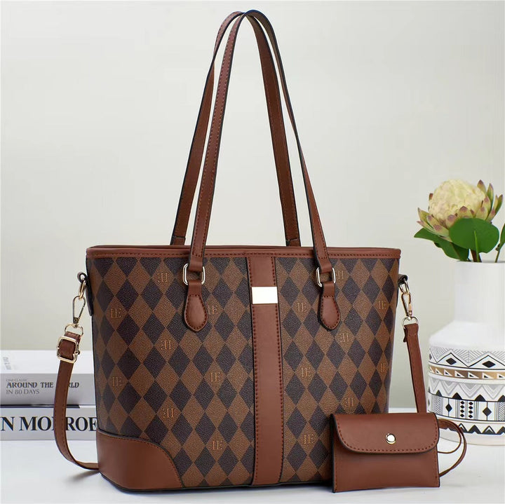 Women practical tote handbag with stylish check pattern and detachable mini clutch
