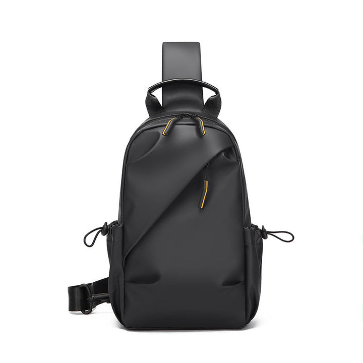 Sling backpack with flexible compartment layout and water-repellent material