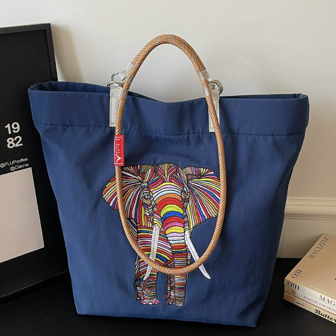 Women's casual tote bag with colorful elephant motif