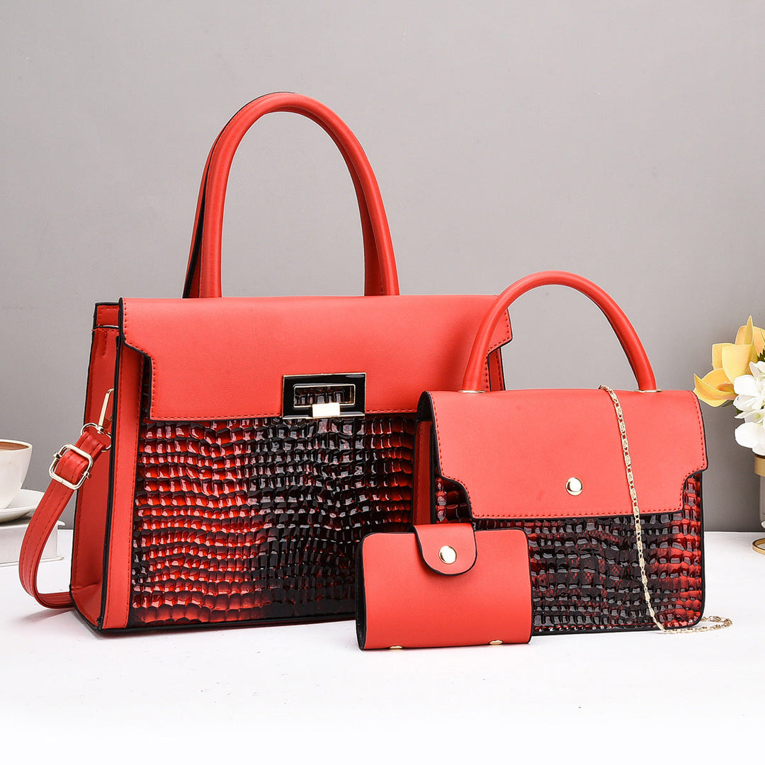Ladies handbag set with luxurious crocodile leather look and removable clutch