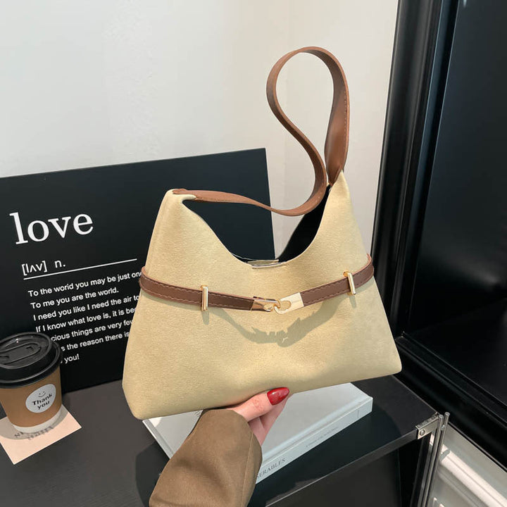 Ladies fashionable suede shoulder bag with contrasting strap