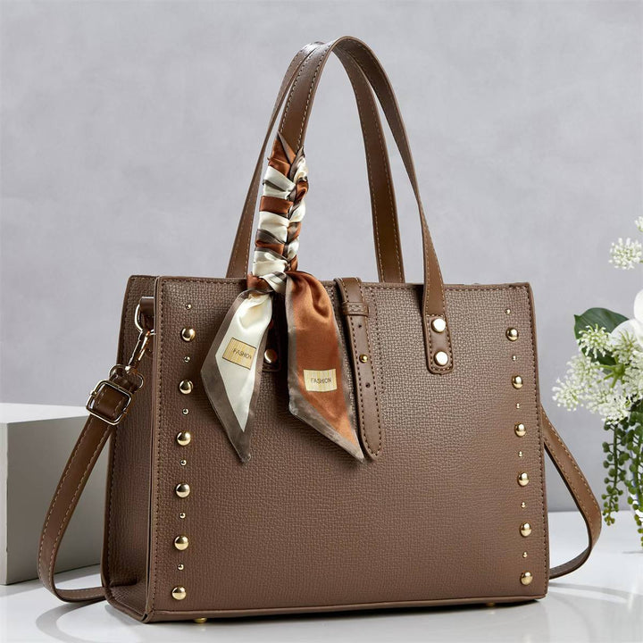 Ladies elegant tote bag with golden studs and fashionable scarf