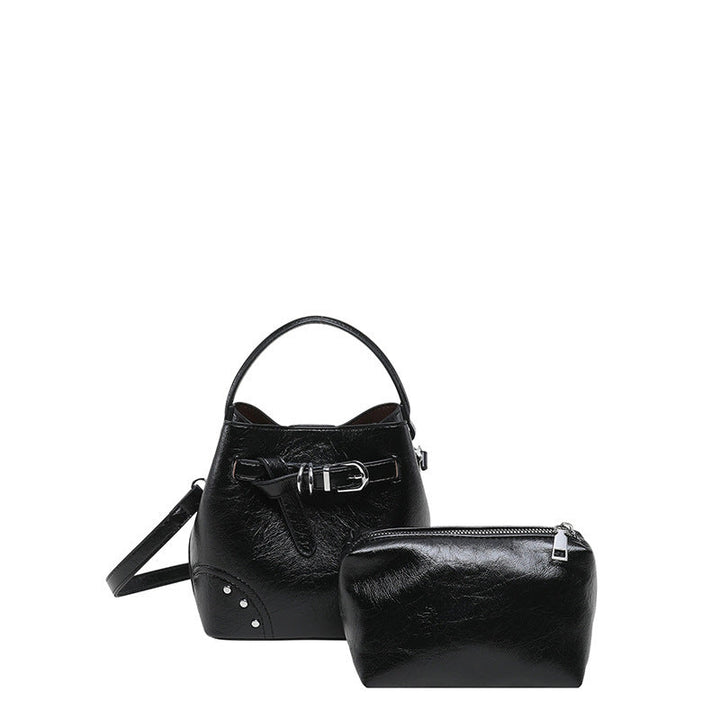 Women's stylish mini bucket bag with removable cosmetic pouch