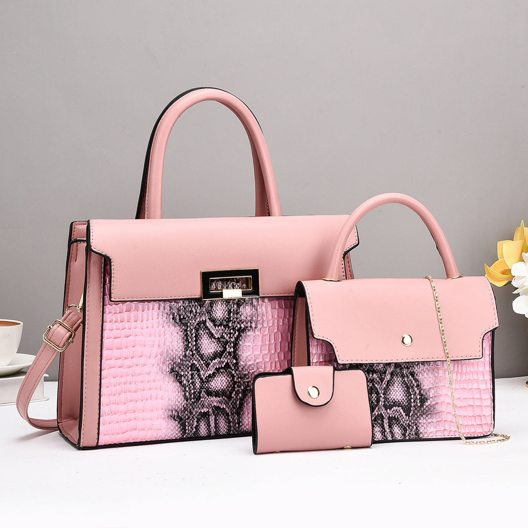 Ladies handbag set with luxurious crocodile leather look and removable clutch