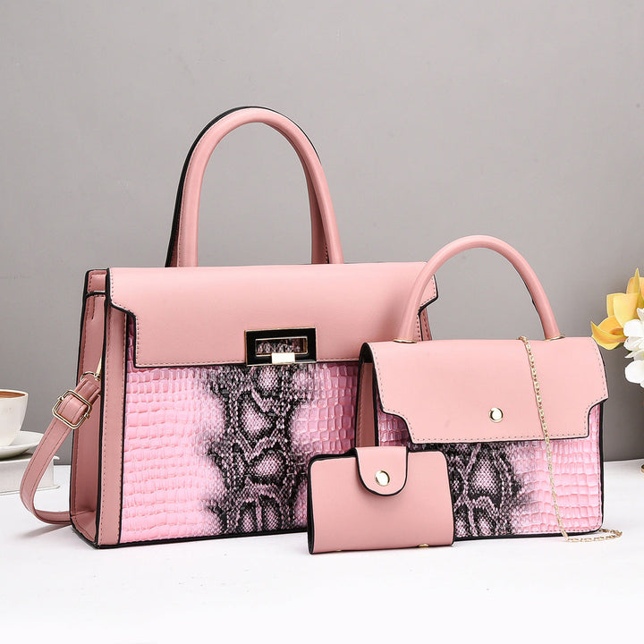 Ladies handbag set with luxurious crocodile leather look and removable clutch