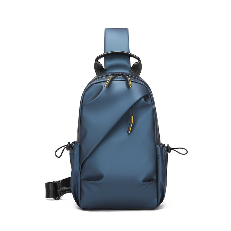 Sling backpack with flexible compartment layout and water-repellent material