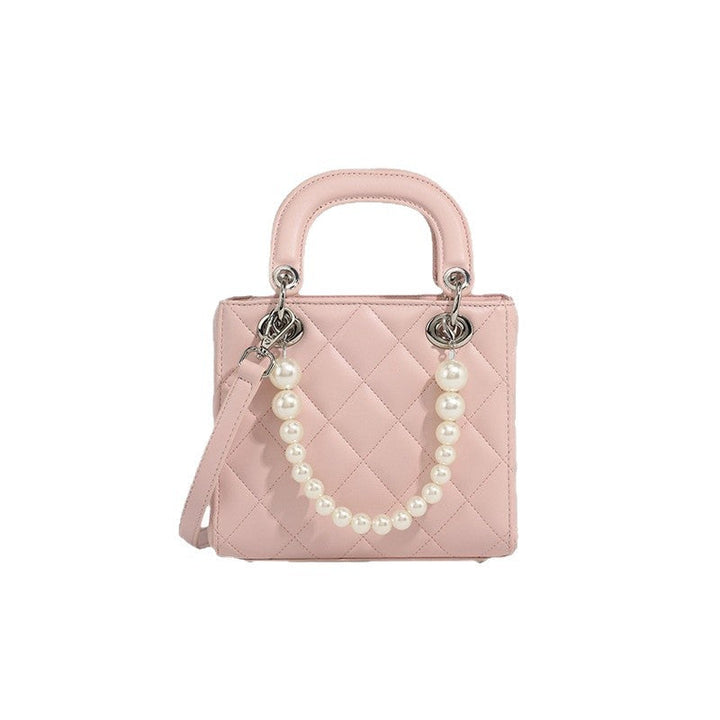Ladies mini handbag with pearl-embellished chain and quilted design