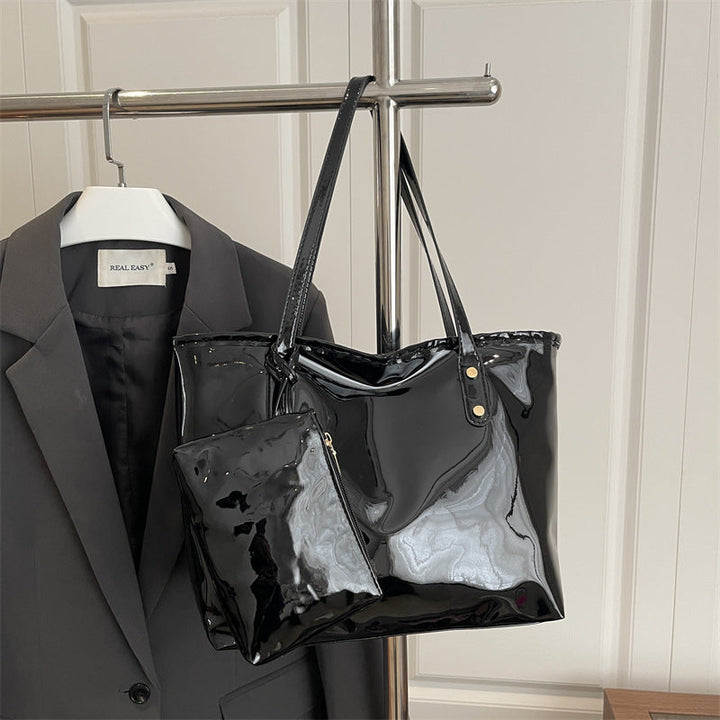 Women's elegant patent leather tote with removable interior compartment