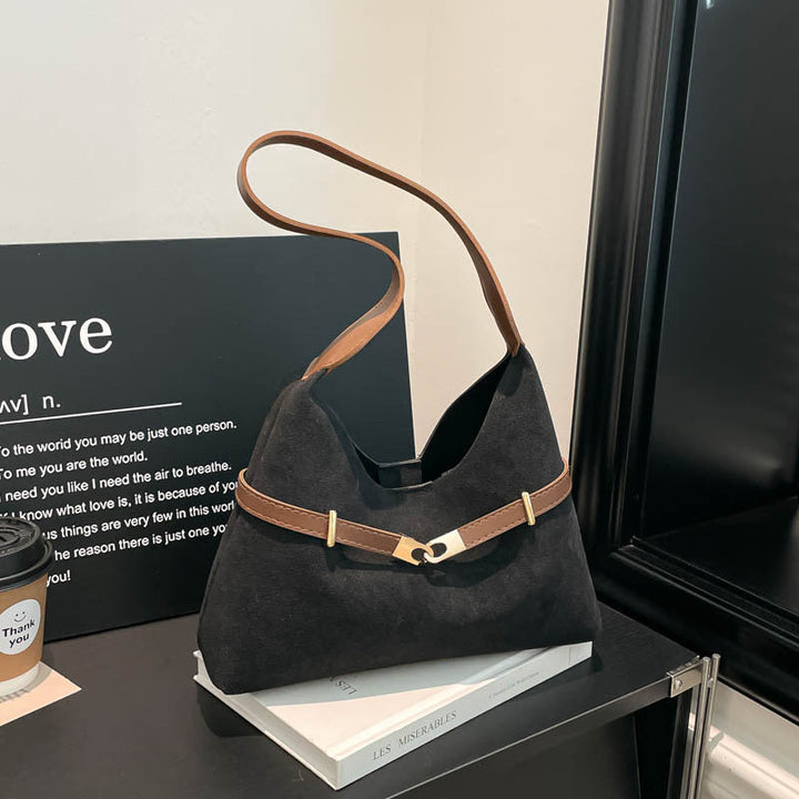 Ladies fashionable suede shoulder bag with contrasting strap