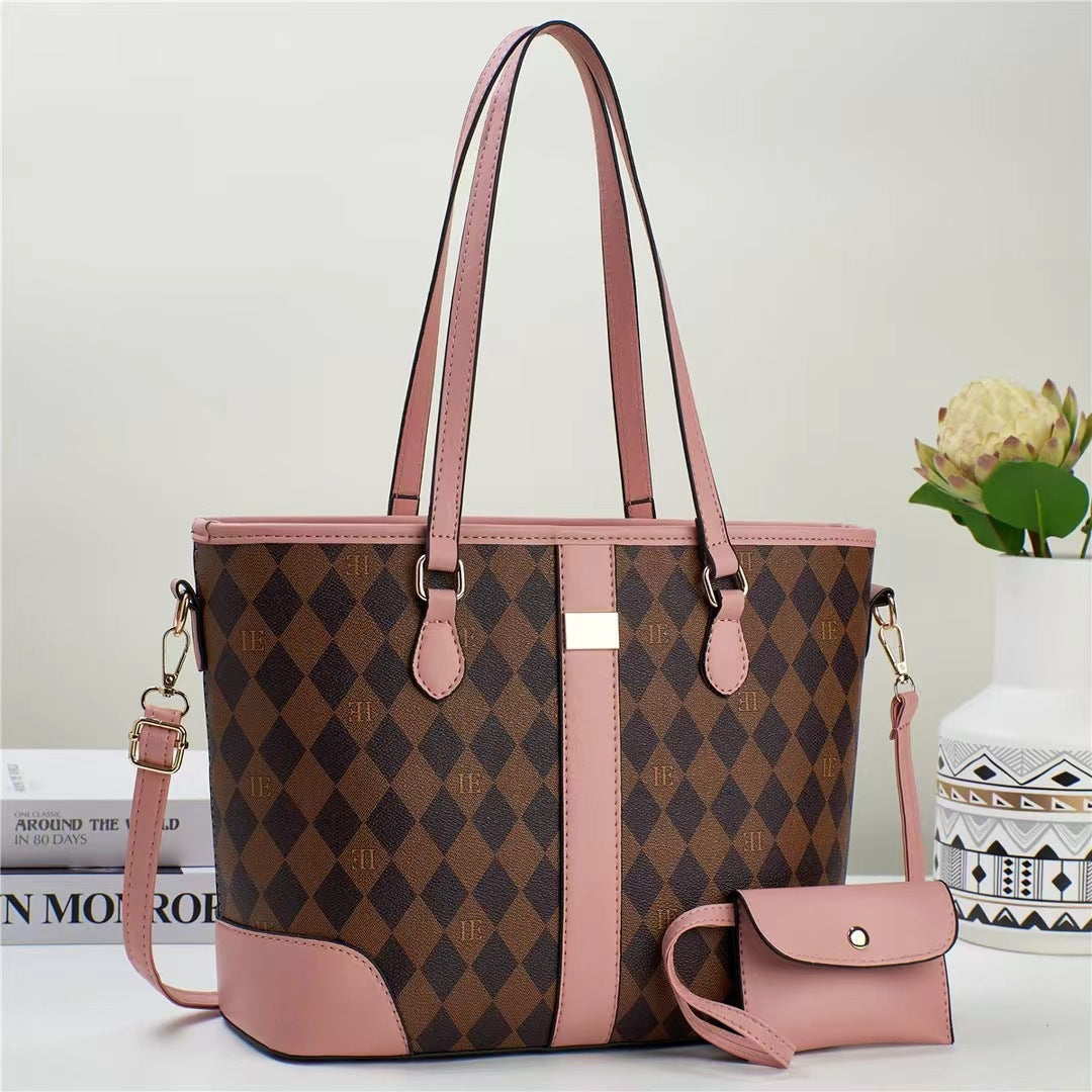 Women practical tote handbag with stylish check pattern and detachable mini clutch