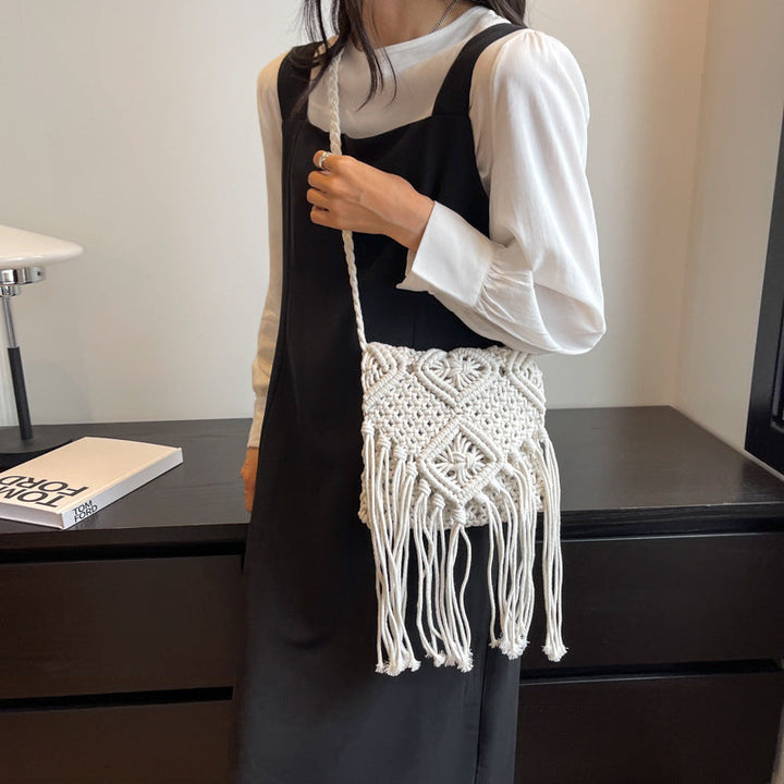 Women's Macrame Shoulder Bag with Decorative Fringes