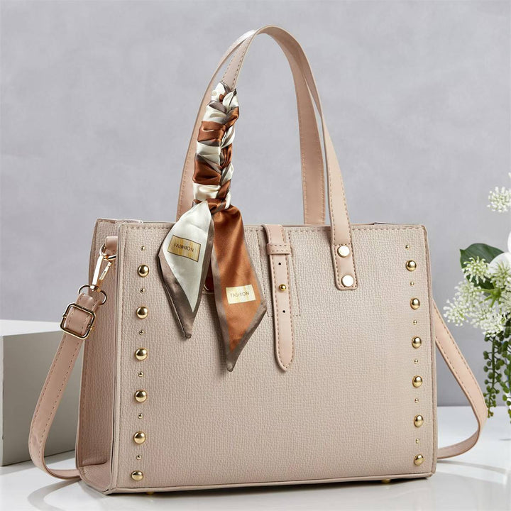 Ladies elegant tote bag with golden studs and fashionable scarf